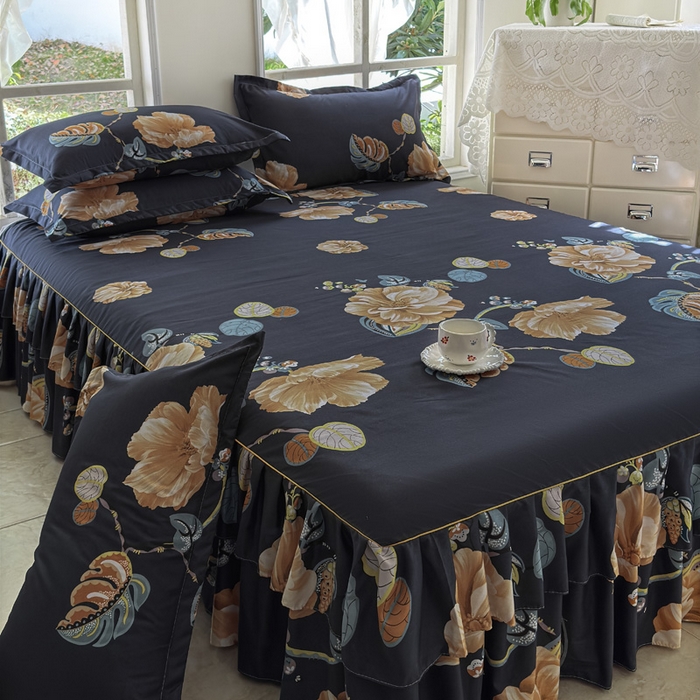 91家纺网 家纺一手货源 找家纺 雨田家纺 2025新款外贸跨境直播亲肤印花床裙三件套 向阳而生