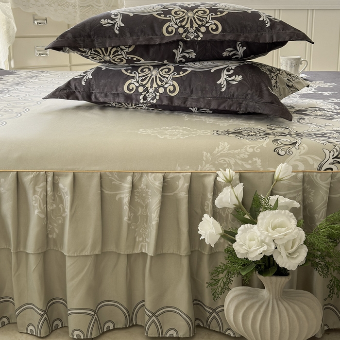 91家纺网 家纺一手货源 找家纺 雨田家纺 2025新款外贸跨境直播亲肤印花床裙三件套 生如花夏灰