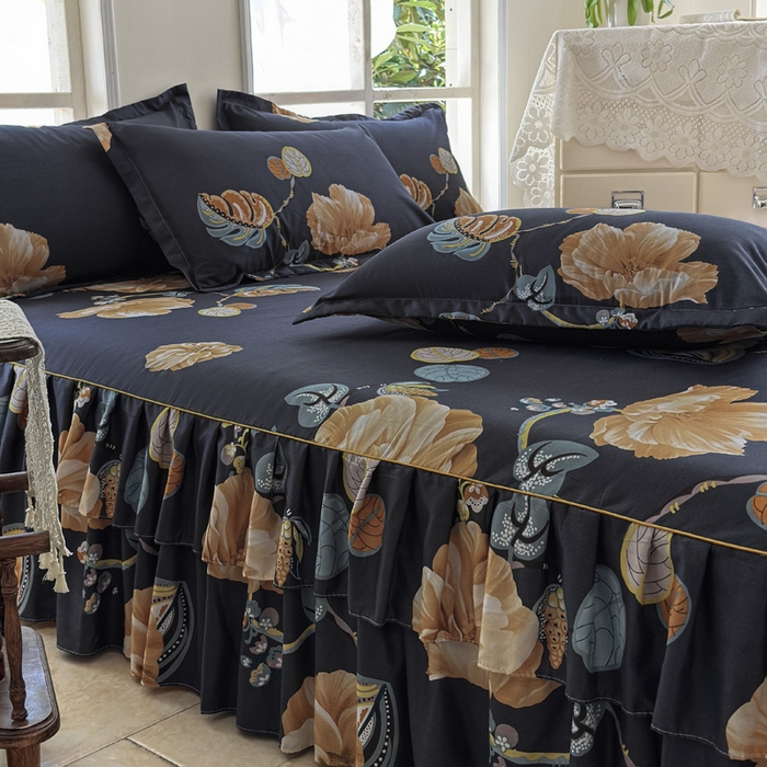 91家纺网 家纺一手货源 找家纺 雨田家纺 2025新款外贸跨境直播亲肤印花床裙三件套 向阳而生