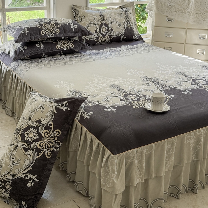 91家纺网 家纺一手货源 找家纺 雨田家纺 2025新款外贸跨境直播亲肤印花床裙三件套 生如花夏灰