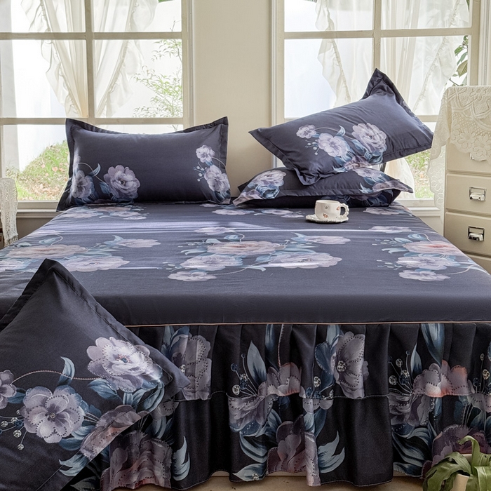 91家纺网 家纺一手货源 找家纺 雨田家纺 2025新款外贸跨境直播亲肤印花床裙三件套 柔情似水