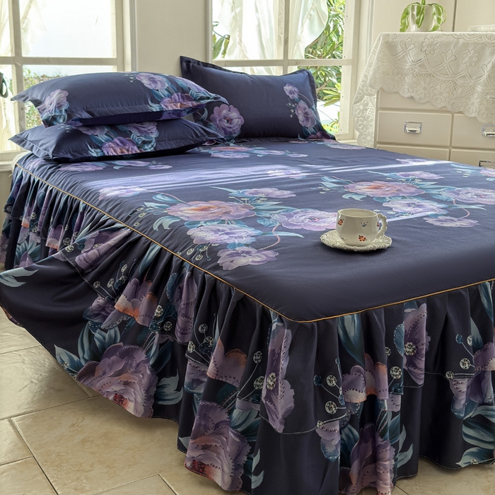 91家纺网 家纺一手货源 找家纺 雨田家纺 2025新款外贸跨境直播亲肤印花床裙三件套 柔情似水