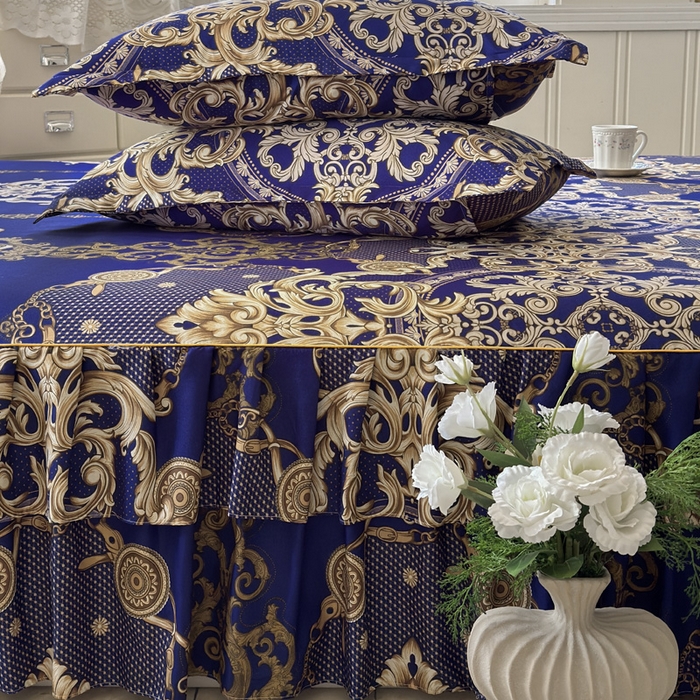 91家纺网 家纺一手货源 找家纺 雨田家纺 2025新款外贸跨境直播亲肤印花床裙三件套 罗卡娜