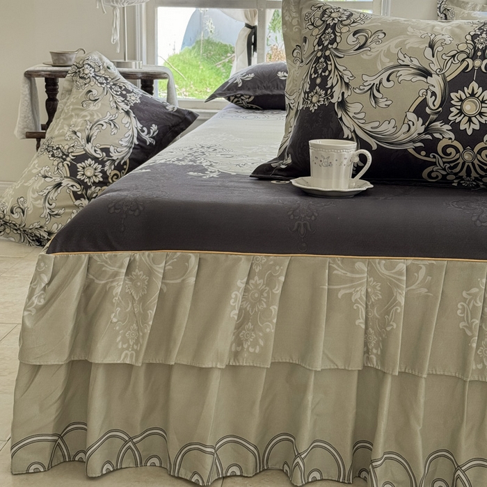 91家纺网 家纺一手货源 找家纺 雨田家纺 2025新款外贸跨境直播亲肤印花床裙三件套 生如花夏灰