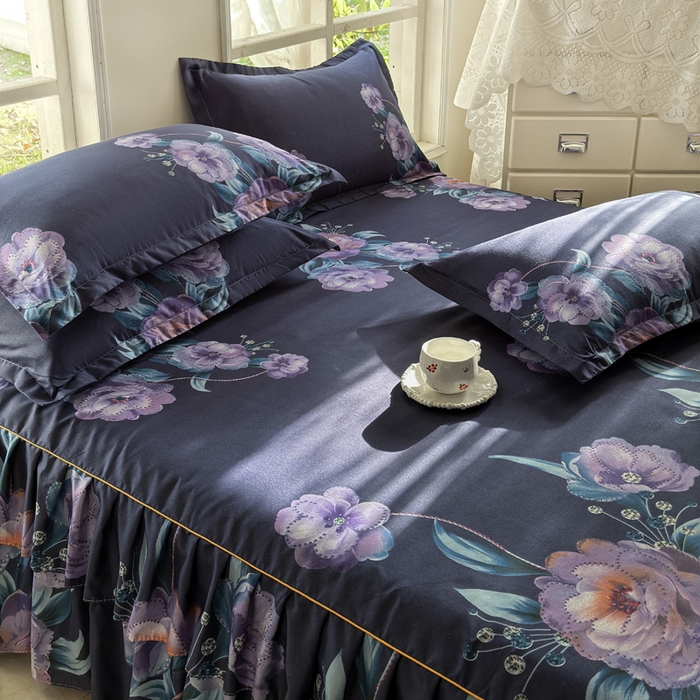 91家纺网 家纺一手货源 找家纺 雨田家纺 2025新款外贸跨境直播亲肤印花床裙三件套 柔情似水