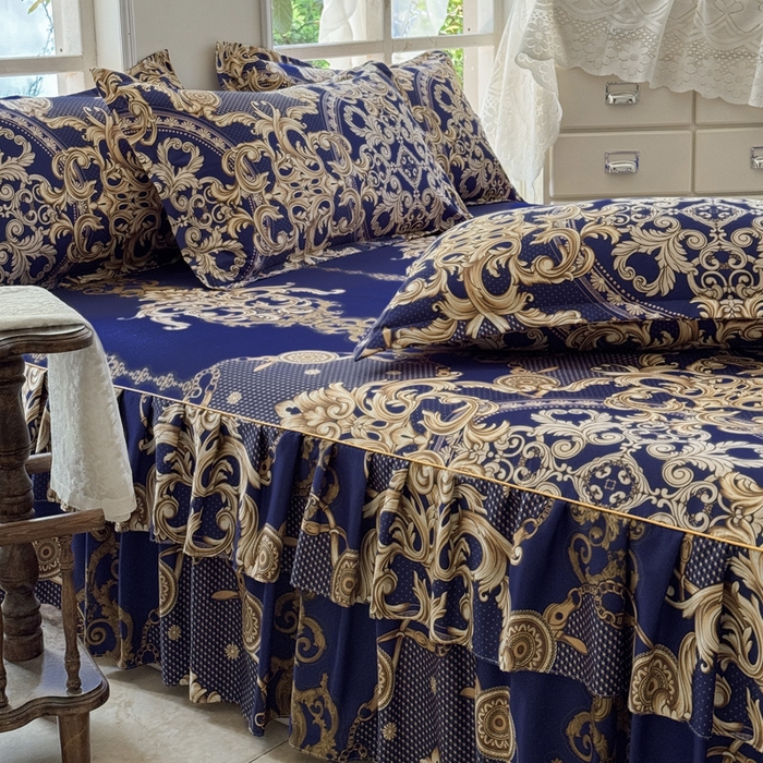 91家纺网 家纺一手货源 找家纺 雨田家纺 2025新款外贸跨境直播亲肤印花床裙三件套 罗卡娜