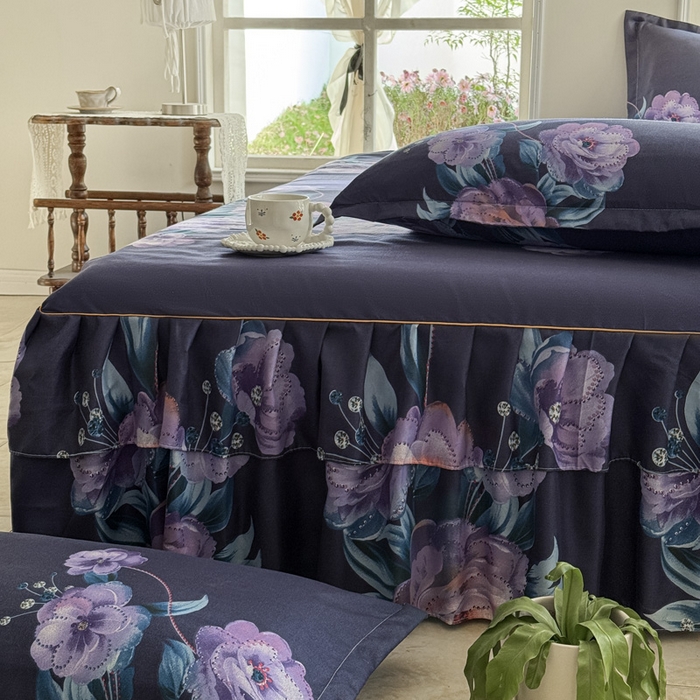 91家纺网 家纺一手货源 找家纺 雨田家纺 2025新款外贸跨境直播亲肤印花床裙三件套 柔情似水