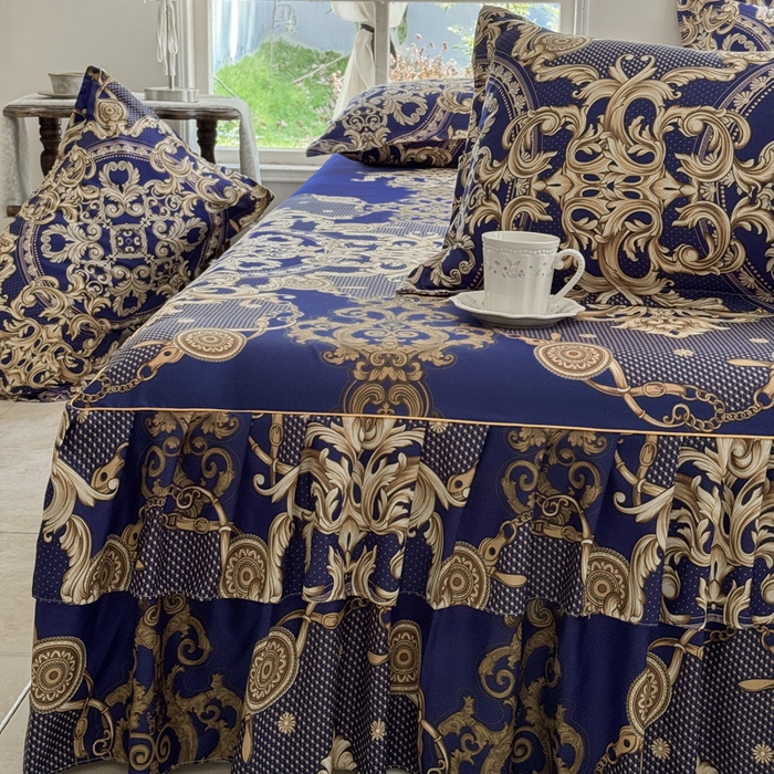 91家纺网 家纺一手货源 找家纺 雨田家纺 2025新款外贸跨境直播亲肤印花床裙三件套 罗卡娜