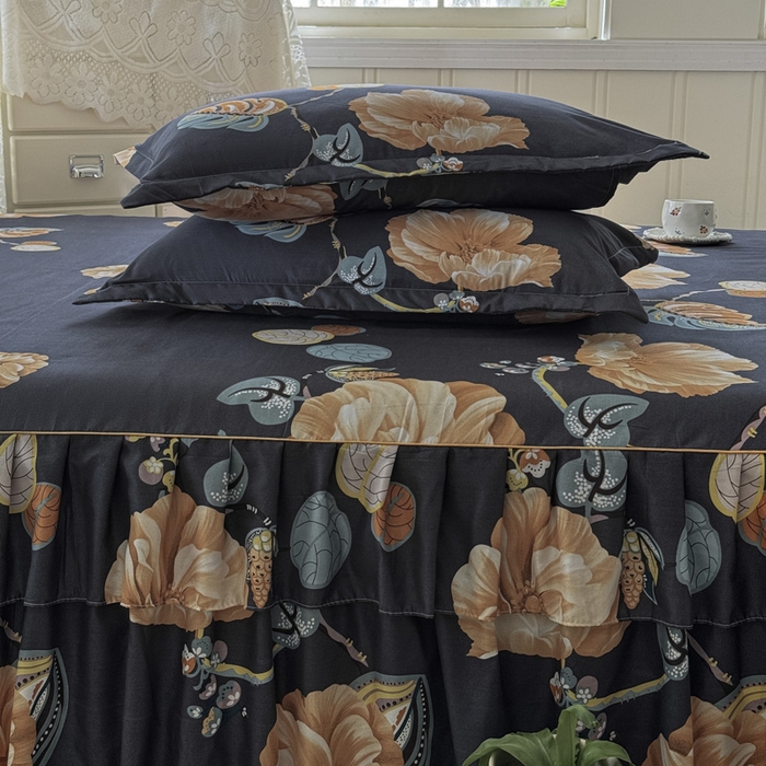 91家纺网 家纺一手货源 找家纺 雨田家纺 2025新款外贸跨境直播亲肤印花床裙三件套 向阳而生