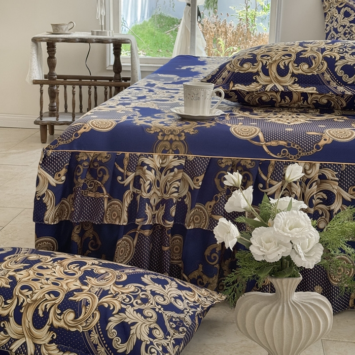 91家纺网 家纺一手货源 找家纺 雨田家纺 2025新款外贸跨境直播亲肤印花床裙三件套 罗卡娜