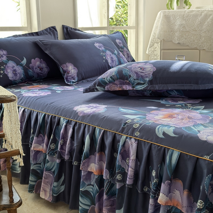 91家纺网 家纺一手货源 找家纺 雨田家纺 2025新款外贸跨境直播亲肤印花床裙三件套 柔情似水