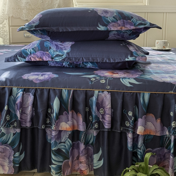 91家纺网 家纺一手货源 找家纺 雨田家纺 2025新款外贸跨境直播亲肤印花床裙三件套 柔情似水