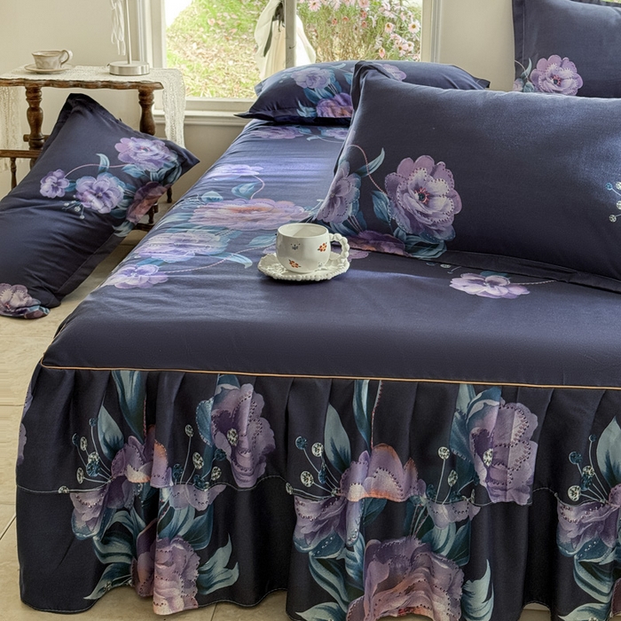 91家纺网 家纺一手货源 找家纺 雨田家纺 2025新款外贸跨境直播亲肤印花床裙三件套 柔情似水