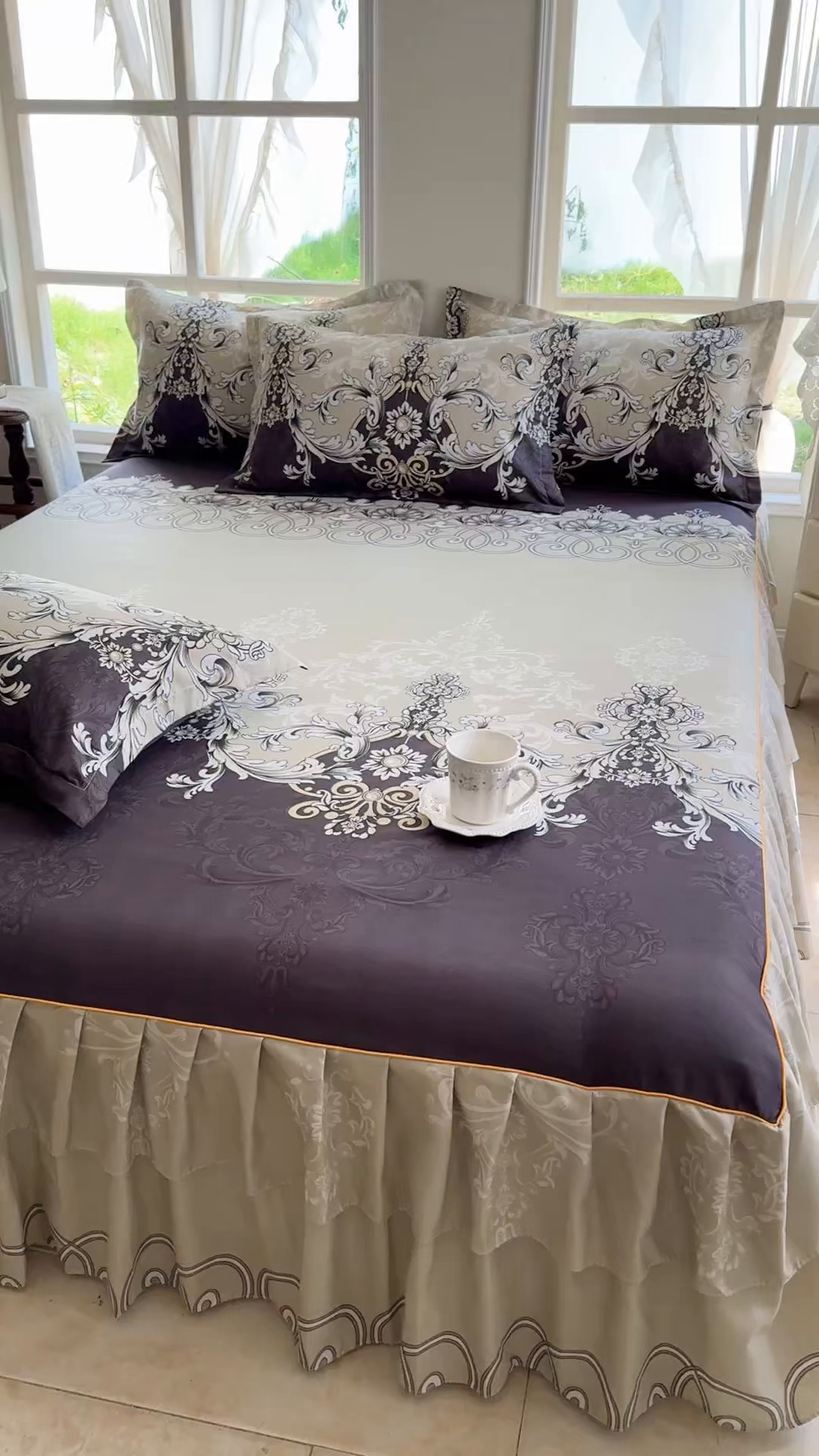 91家纺网 家纺一手货源 找家纺 雨田家纺 2025新款外贸跨境直播亲肤印花床裙三件套 生如花夏灰