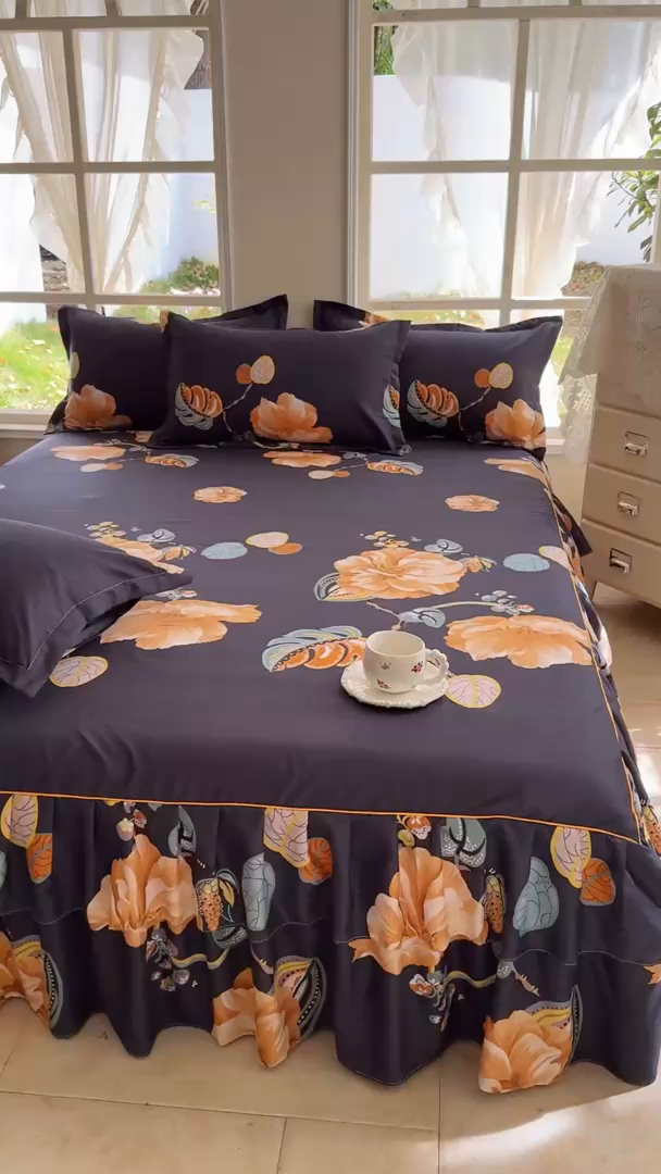 91家纺网 家纺一手货源 找家纺 雨田家纺 2025新款外贸跨境直播亲肤印花床裙三件套 向阳而生