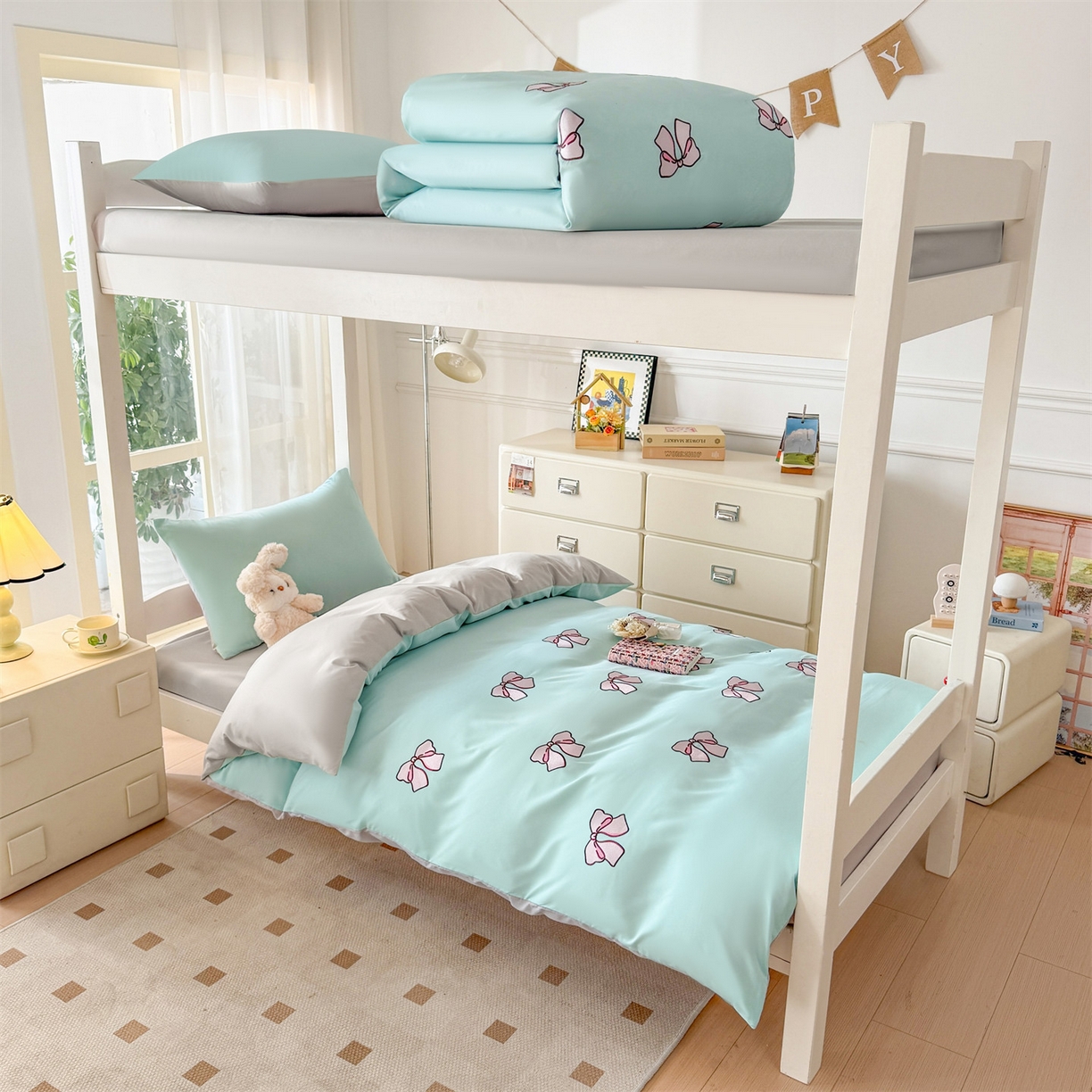 小久久（小九九） 2025亲肤水洗棉学生宿舍三件套上下铺三件套-满绣系列 蝴蝶结-繁星兰+山灰