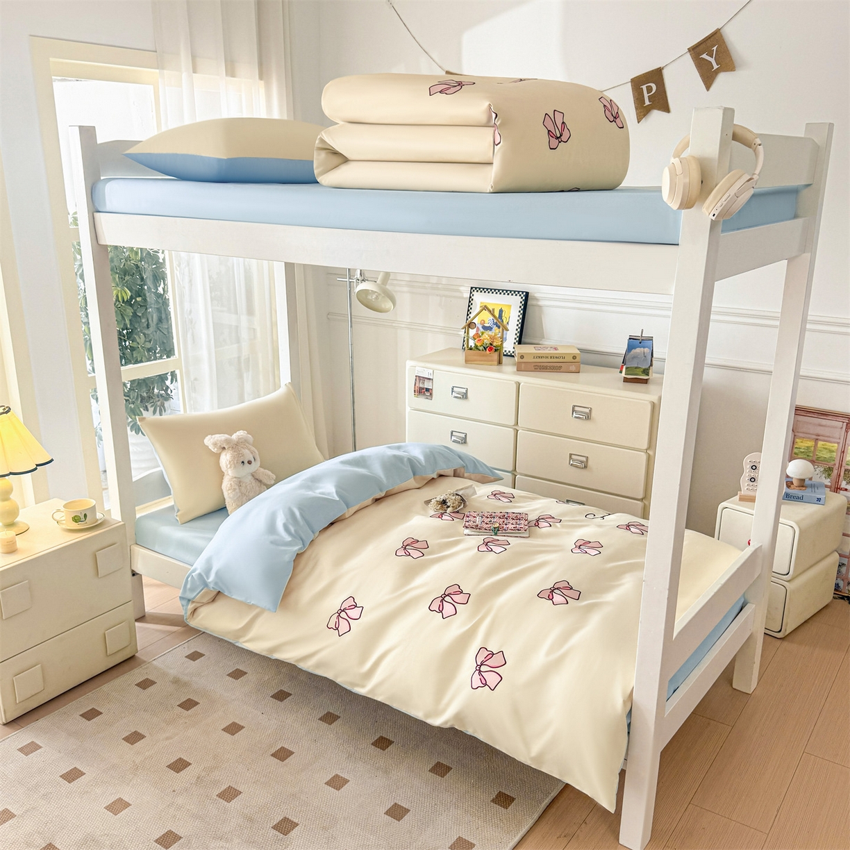 小久久（小九九） 2025亲肤水洗棉学生宿舍三件套上下铺三件套-满绣系列 蝴蝶结-奶昔白+天蓝