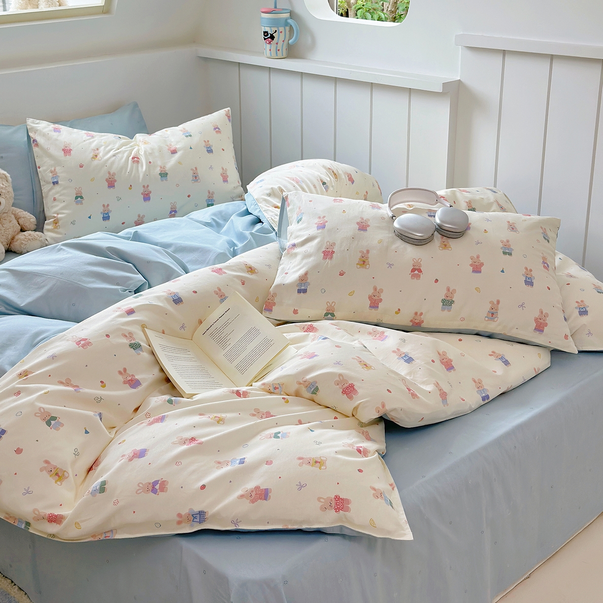 91家纺网 家纺一手货源 找家纺 麦伦家居 2025春夏新款全棉纯棉斜纹40s13372系列-小清新卡通 果冻兔