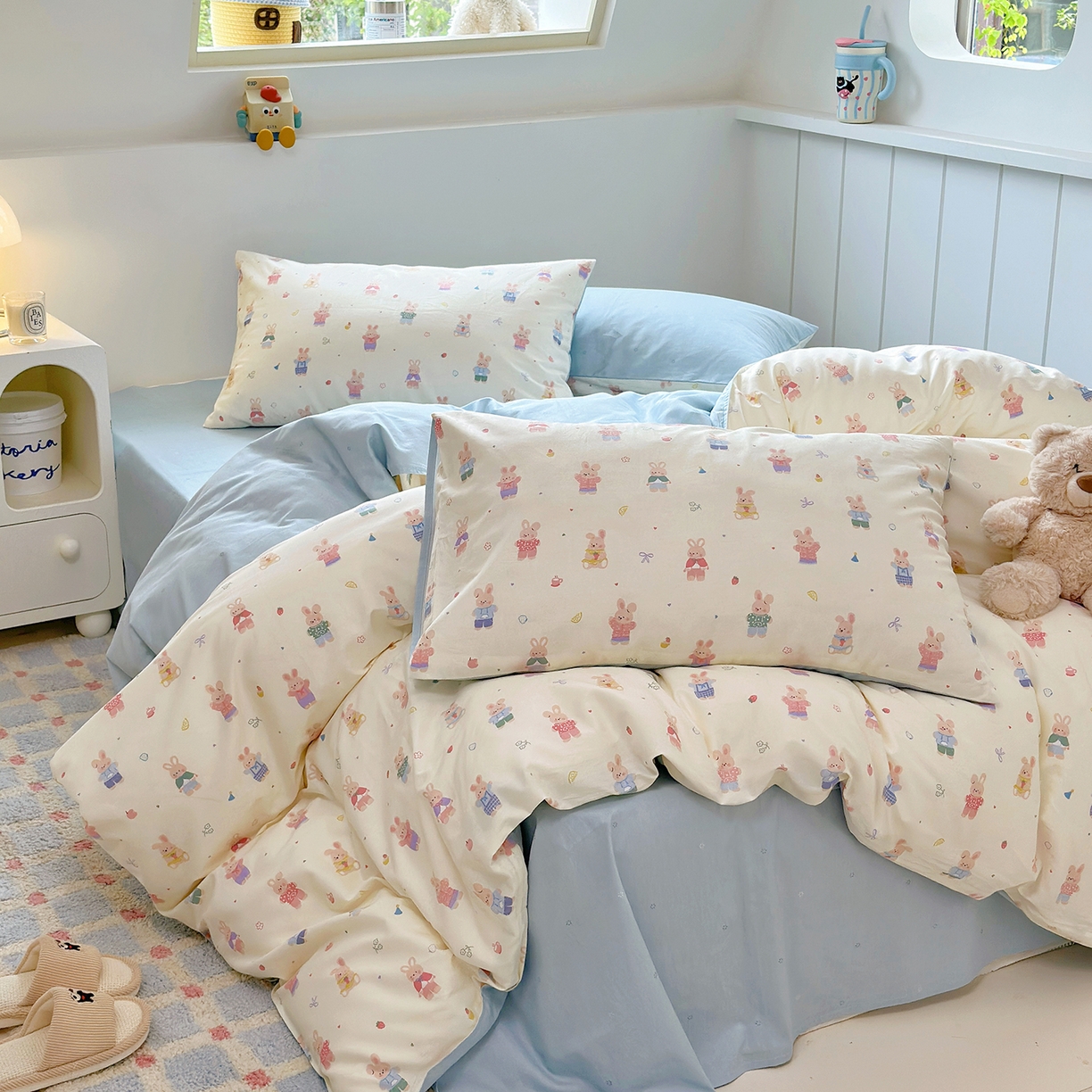 91家纺网 家纺一手货源 找家纺 麦伦家居 2025春夏新款全棉纯棉斜纹40s13372系列-小清新卡通 果冻兔