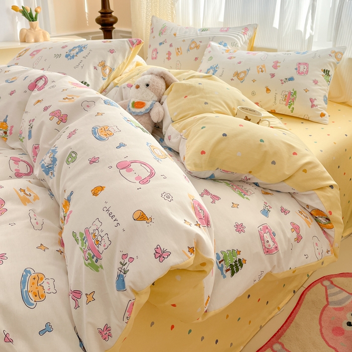 91家纺网 家纺一手货源 找家纺 麦伦家居 2025春夏新款全棉纯棉斜纹40s13372系列-小清新卡通 开心生活