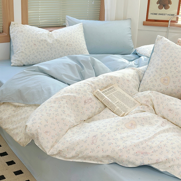 91家纺网 家纺一手货源 找家纺 麦伦家居 2025春夏新款全棉纯棉斜纹40s13372系列-小清新卡通 蓝心兔