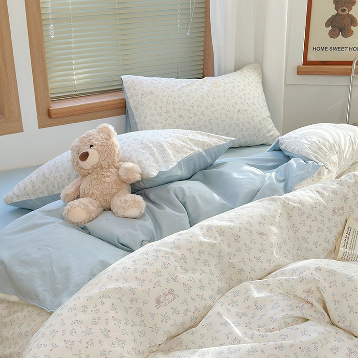 91家纺网 家纺一手货源 找家纺 麦伦家居 2025春夏新款全棉纯棉斜纹40s13372系列-小清新卡通 蓝心兔