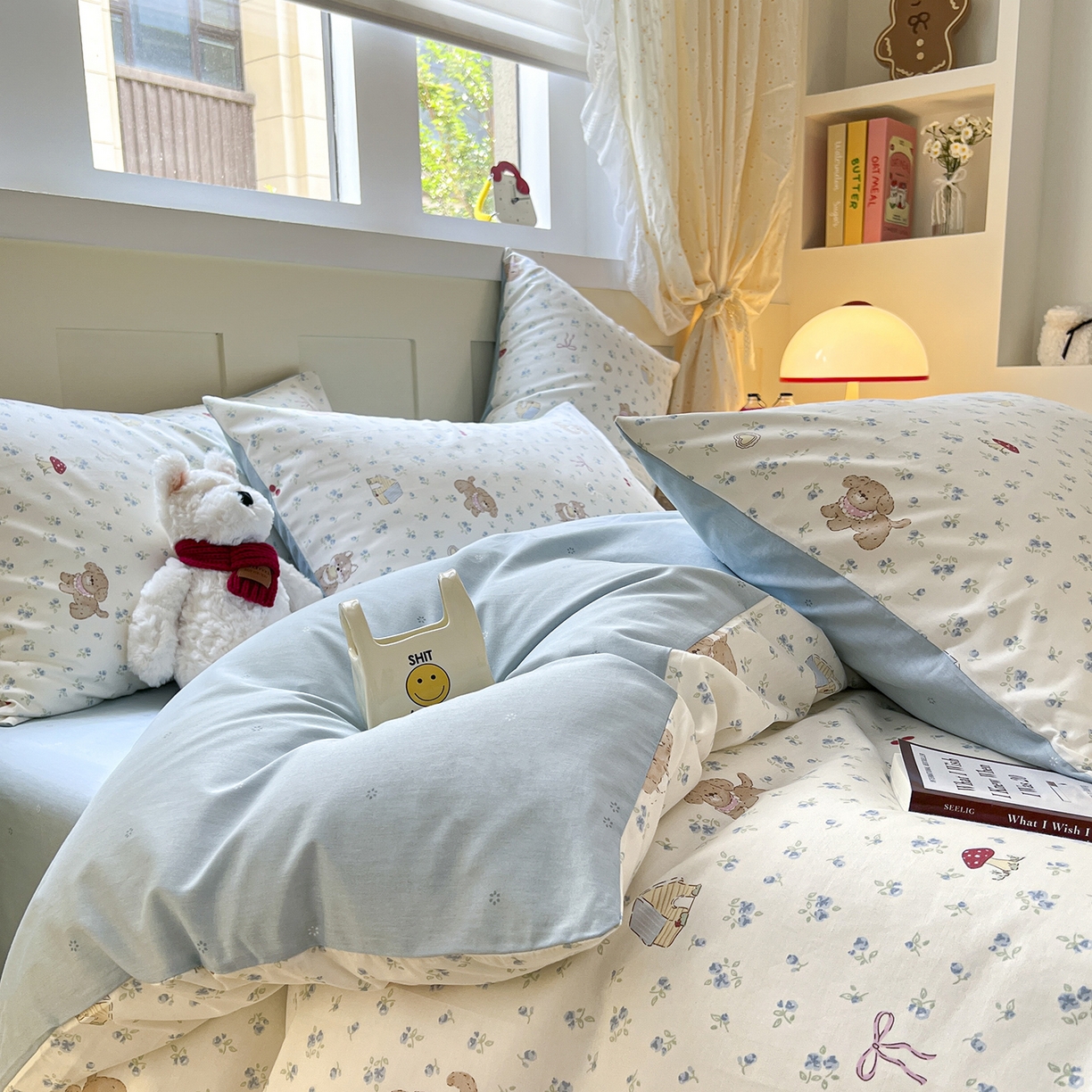 91家纺网 家纺一手货源 找家纺 麦伦家居 2025春夏新款全棉纯棉斜纹40s13372系列-小清新卡通 蘑菇狗