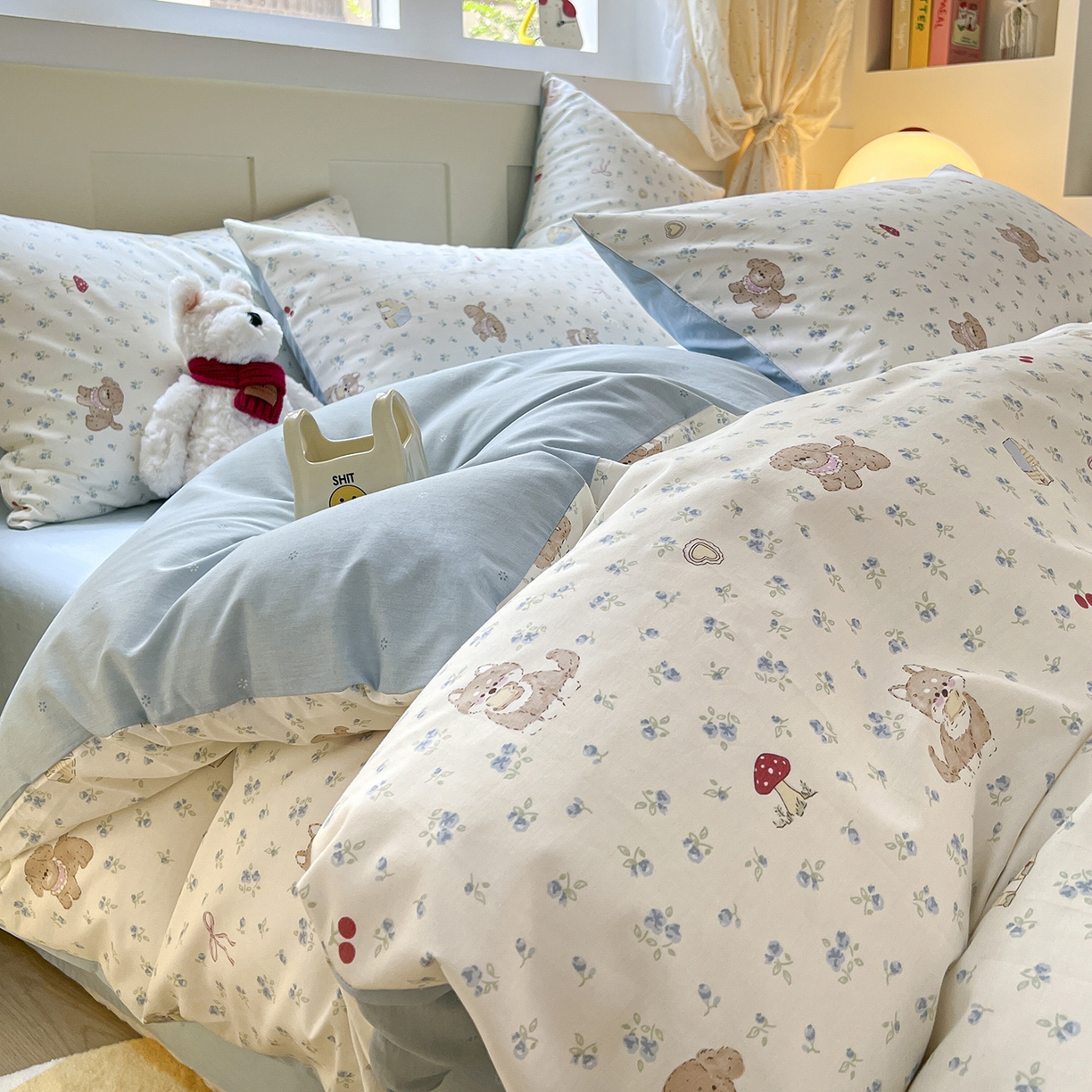 91家纺网 家纺一手货源 找家纺 麦伦家居 2025春夏新款全棉纯棉斜纹40s13372系列-小清新卡通 蘑菇狗