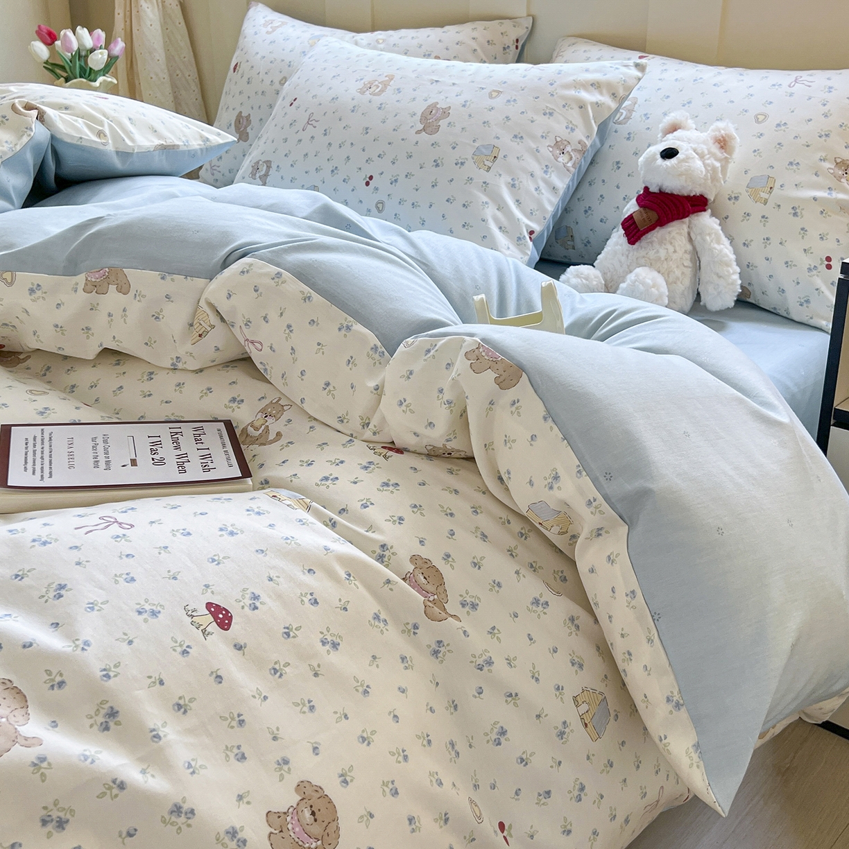 91家纺网 家纺一手货源 找家纺 麦伦家居 2025春夏新款全棉纯棉斜纹40s13372系列-小清新卡通 蘑菇狗