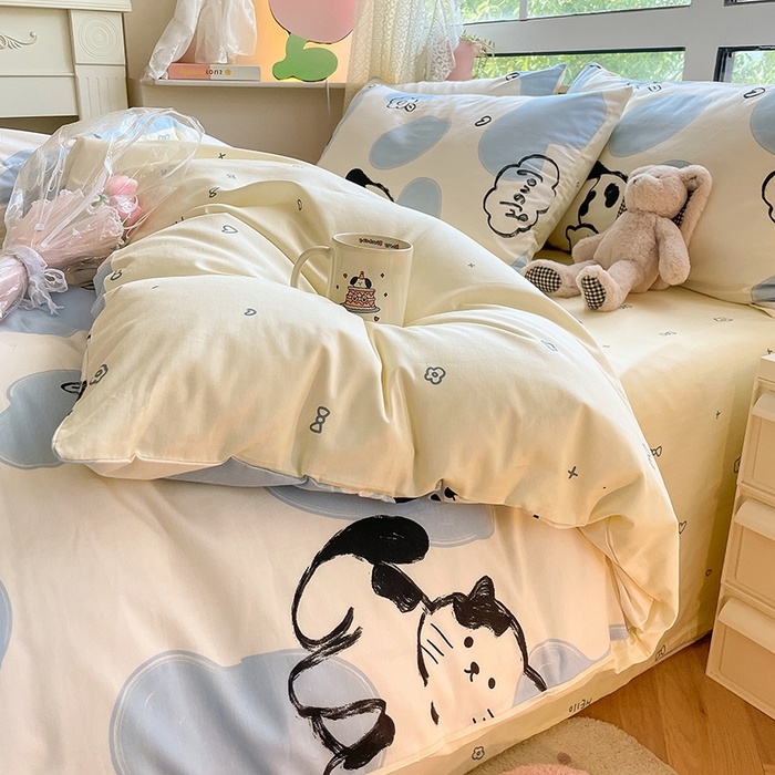 91家纺网 家纺一手货源 找家纺 麦伦家居 2025春夏新款全棉纯棉斜纹40s13372系列-小清新卡通 奶牛猫