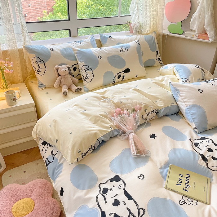 91家纺网 家纺一手货源 找家纺 麦伦家居 2025春夏新款全棉纯棉斜纹40s13372系列-小清新卡通 奶牛猫