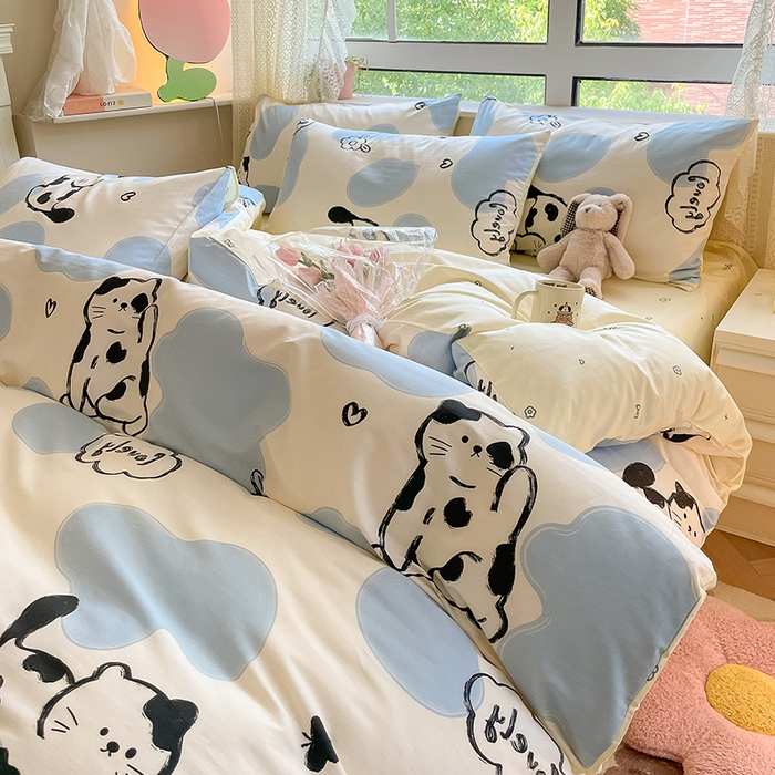 91家纺网 家纺一手货源 找家纺 麦伦家居 2025春夏新款全棉纯棉斜纹40s13372系列-小清新卡通 奶牛猫