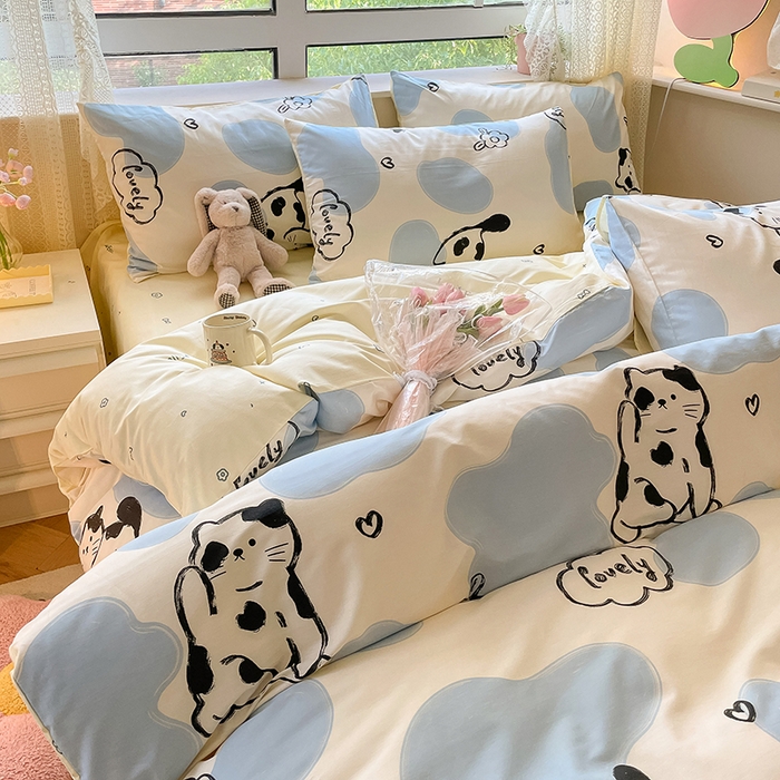 91家纺网 家纺一手货源 找家纺 麦伦家居 2025春夏新款全棉纯棉斜纹40s13372系列-小清新卡通 奶牛猫