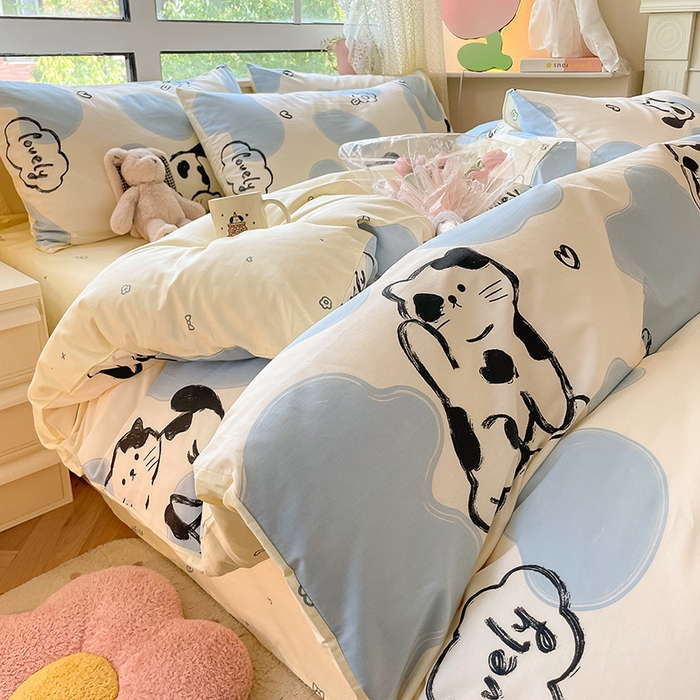 91家纺网 家纺一手货源 找家纺 麦伦家居 2025春夏新款全棉纯棉斜纹40s13372系列-小清新卡通 奶牛猫