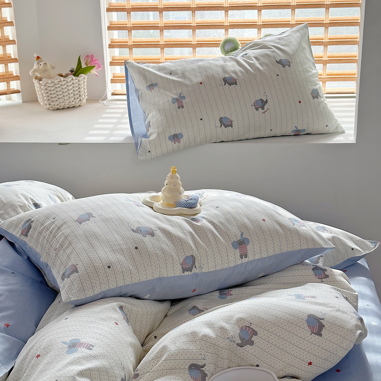 91家纺网 家纺一手货源 找家纺 麦伦家居 2025春夏新款全棉纯棉斜纹40s13372系列-小清新卡通 跳跳象