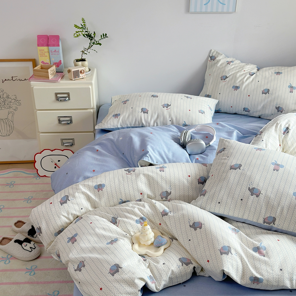 91家纺网 家纺一手货源 找家纺 麦伦家居 2025春夏新款全棉纯棉斜纹40s13372系列-小清新卡通 跳跳象