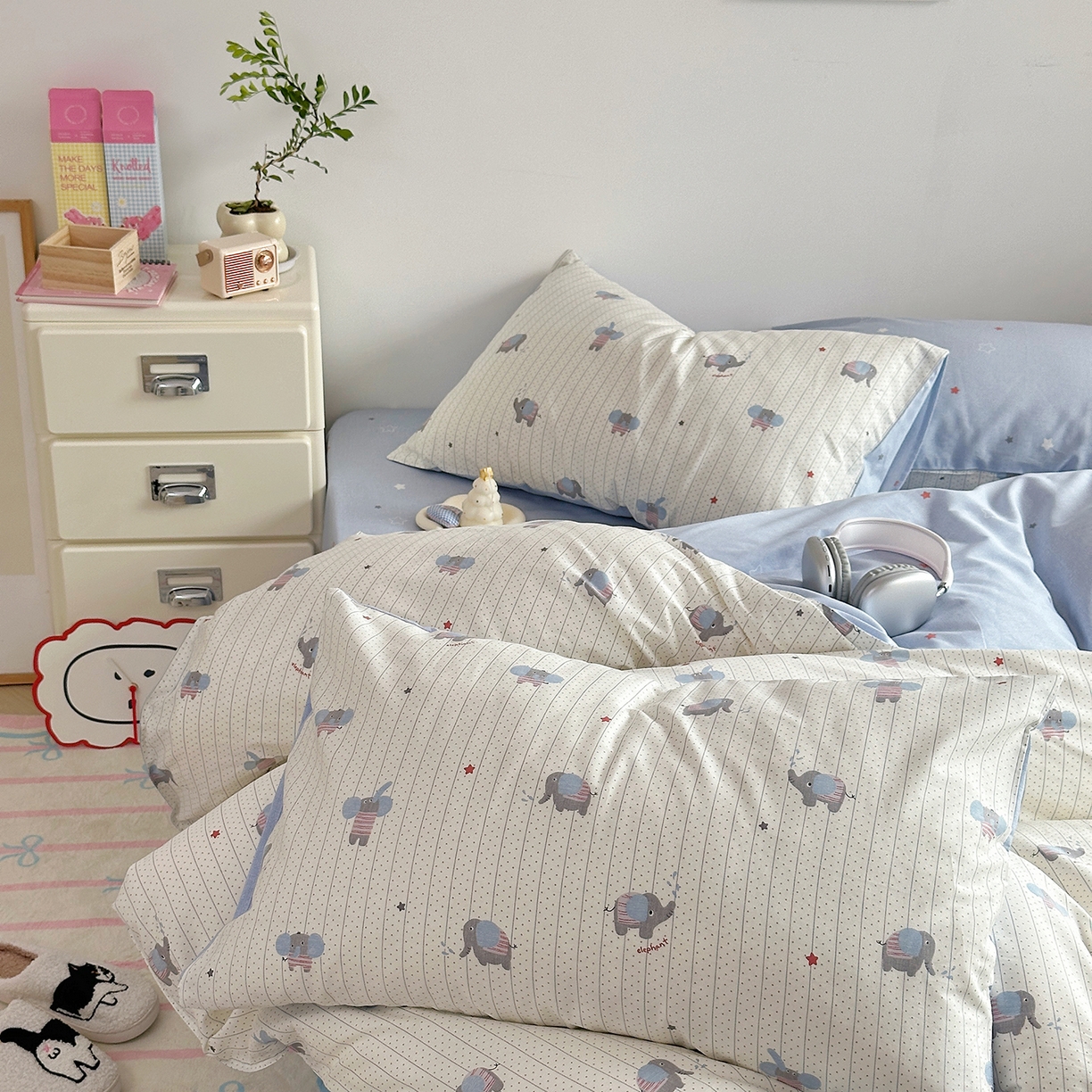 91家纺网 家纺一手货源 找家纺 麦伦家居 2025春夏新款全棉纯棉斜纹40s13372系列-小清新卡通 跳跳象