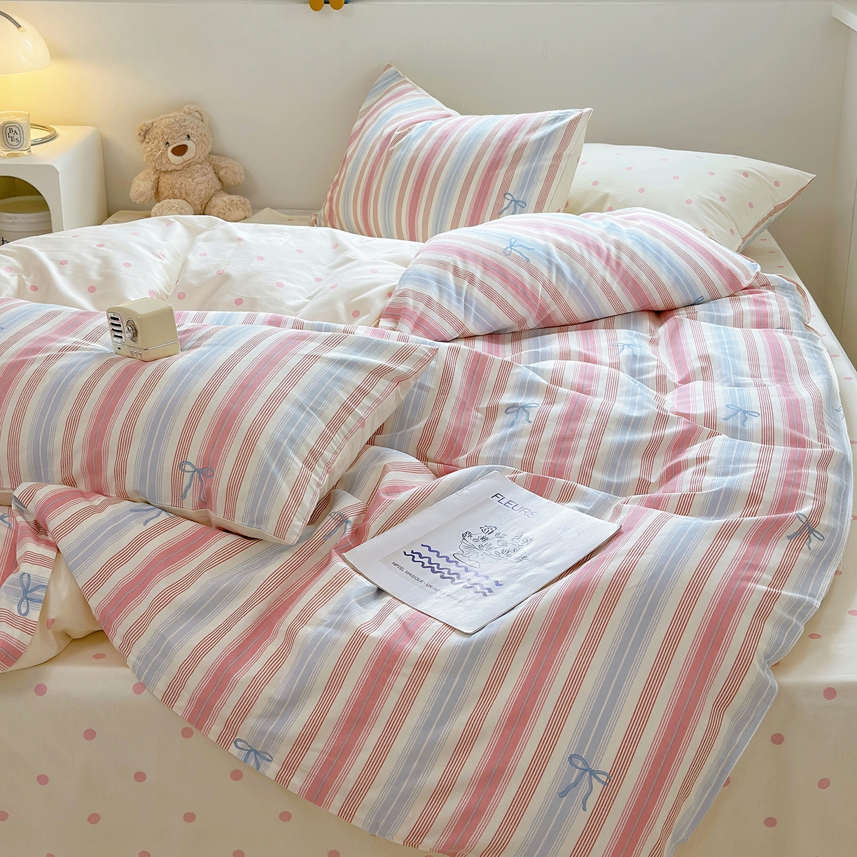 91家纺网 家纺一手货源 找家纺 麦伦家居 2025春夏新款全棉纯棉斜纹40s13372系列-小清新卡通 五彩条纹