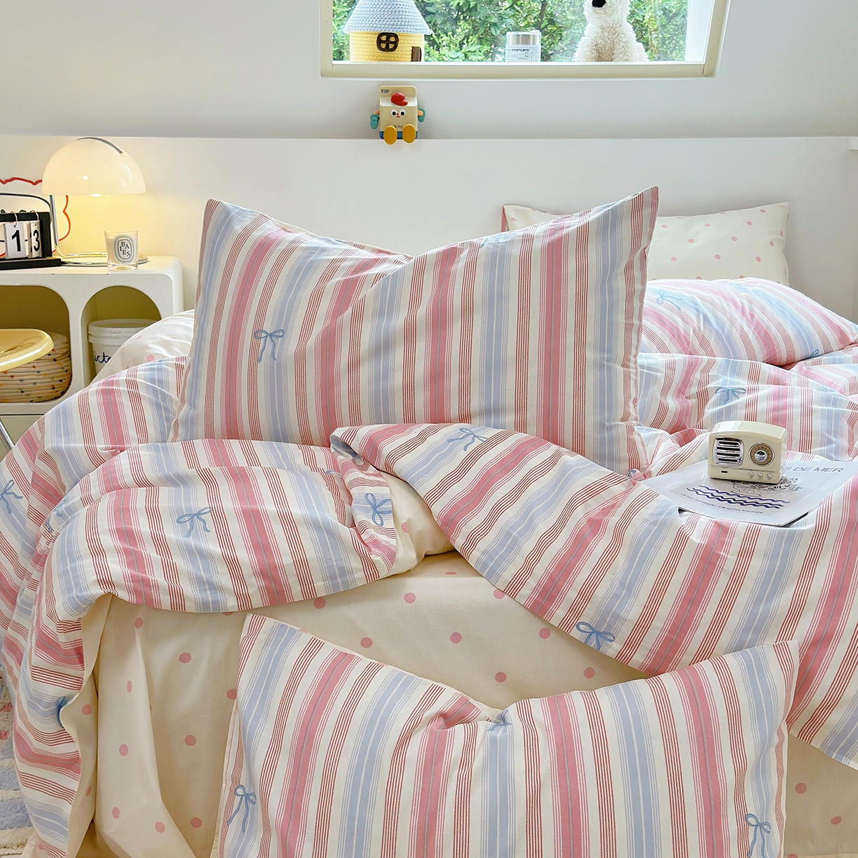 91家纺网 家纺一手货源 找家纺 麦伦家居 2025春夏新款全棉纯棉斜纹40s13372系列-小清新卡通 五彩条纹