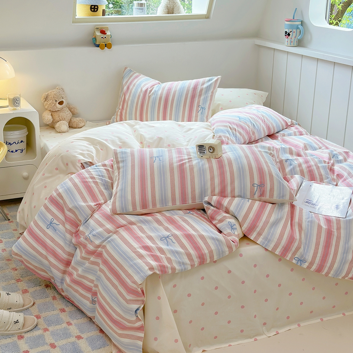 91家纺网 家纺一手货源 找家纺 麦伦家居 2025春夏新款全棉纯棉斜纹40s13372系列-小清新卡通 五彩条纹