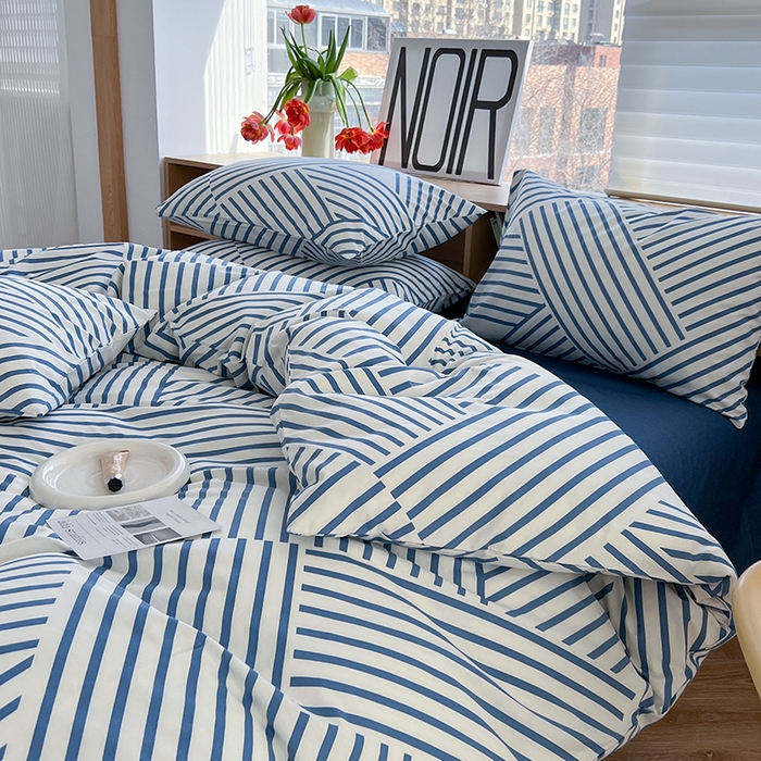 91家纺网 家纺一手货源 找家纺 麦伦家居 2025春夏新款全棉纯棉斜纹40s13372系列-简约条格系 初语 蓝