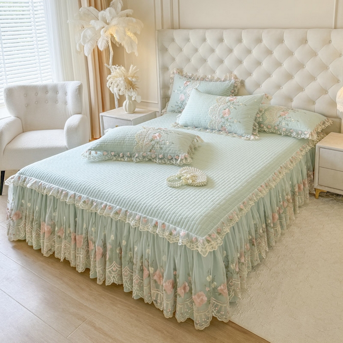 91家纺网 家纺一手货源 找家纺 恋尚 2025春夏新款香云纱床裙单床裙床裙单件-莫妮卡（控价130起） 莫妮卡-香草绿