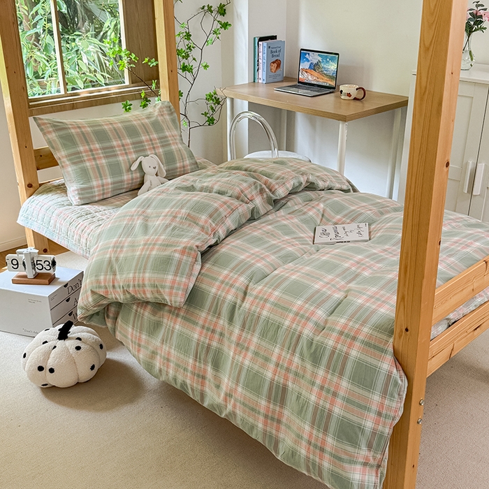 91家纺网 家纺一手货源 找家纺 （总）拾物记 2025新款全棉纯棉色织水洗棉床盖学生宿舍三件套上下铺三件套