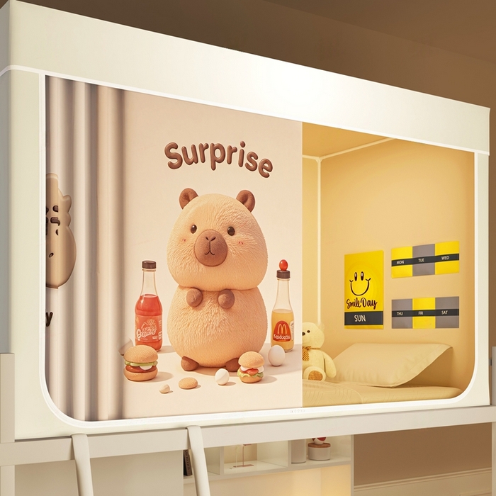 91家纺网 家纺一手货源 找家纺 宅部落 2025新款学生床帘宿舍上下铺床帘式印花强遮光学生蚊帐-印花系列 惊喜卡皮