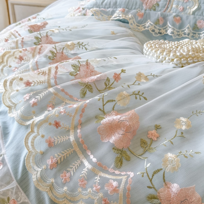 91家纺网 家纺一手货源 找家纺 恋尚 2025春夏新款香云纱床裙单床裙床裙单件-莫妮卡（控价130起） 莫妮卡-清新蓝