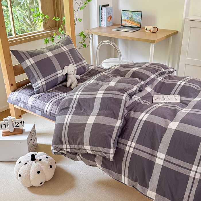 91家纺网 家纺一手货源 找家纺 拾物记 2025新款全棉纯棉色织水洗棉床盖学生宿舍三件套上下铺三件套 多伦多灰