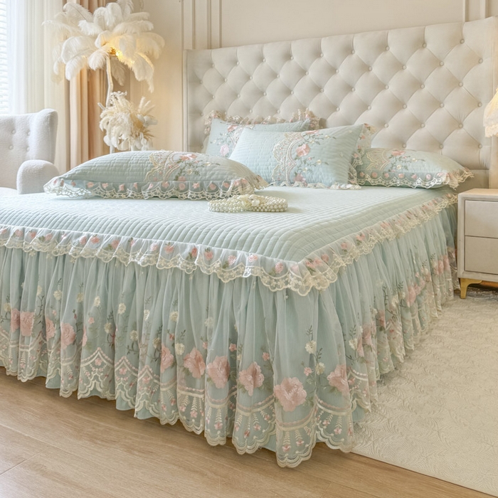 91家纺网 家纺一手货源 找家纺 恋尚 2025春夏新款香云纱床裙单床裙床裙单件-莫妮卡（控价130起） 莫妮卡-香草绿