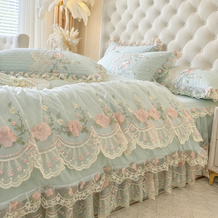 91家纺网 家纺一手货源 找家纺 恋尚 2025春夏新款香云纱床裙单床裙床裙单件-莫妮卡（控价130起） 莫妮卡-香草绿