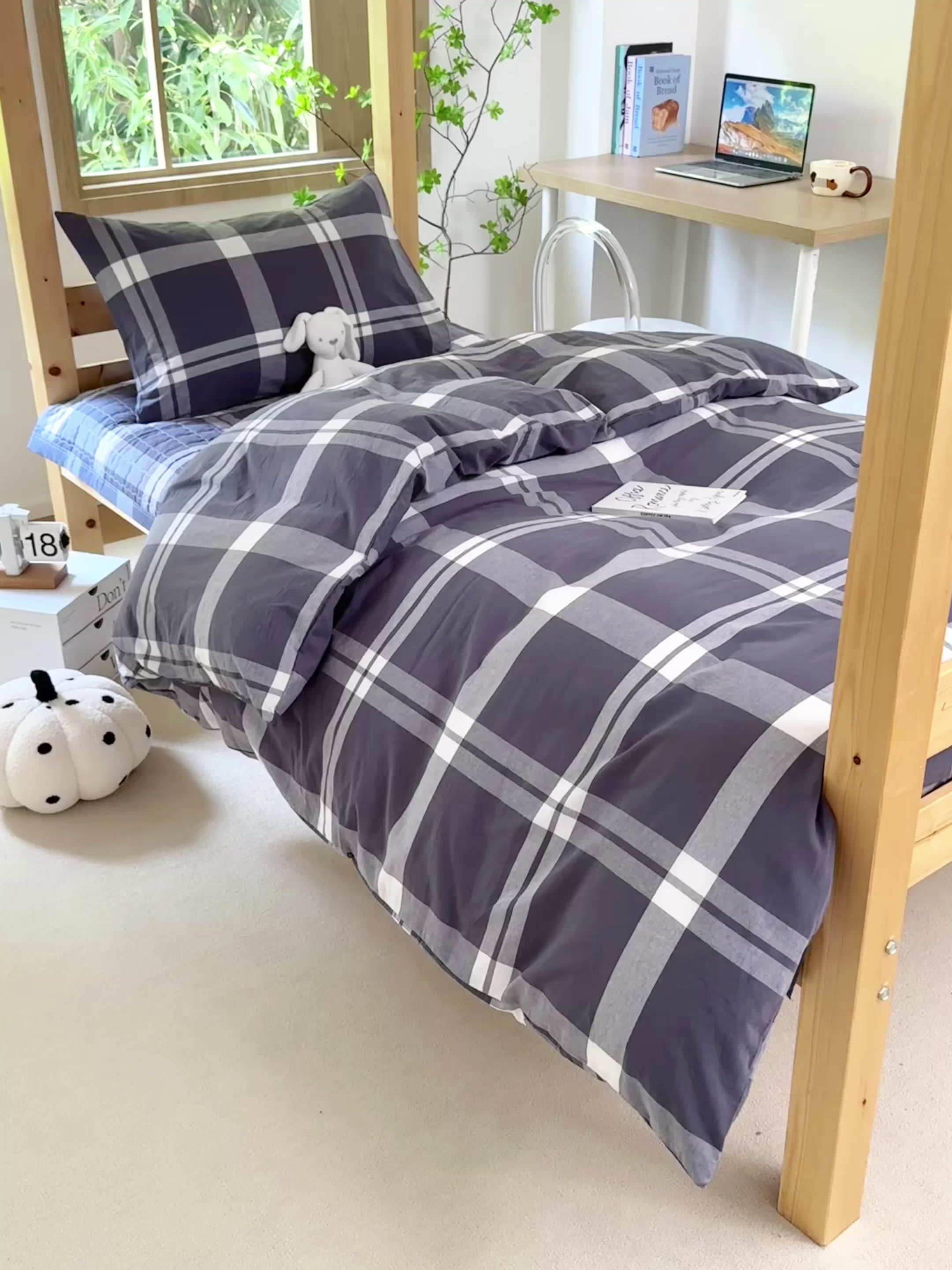 91家纺网 家纺一手货源 找家纺 拾物记 2025新款全棉纯棉色织水洗棉床盖学生宿舍三件套上下铺三件套 多伦多灰