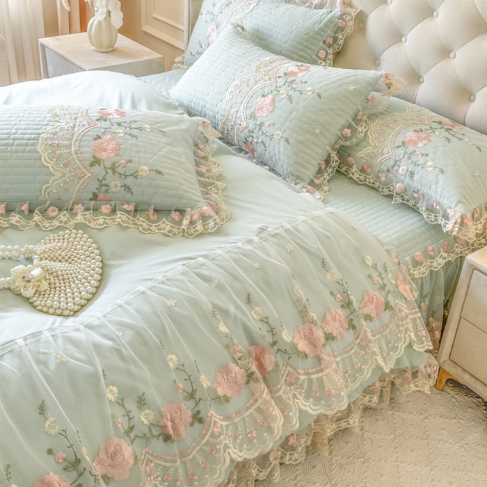 91家纺网 家纺一手货源 找家纺 恋尚 2025春夏新款香云纱床裙单床裙床裙单件-莫妮卡（控价130起） 莫妮卡-香草绿